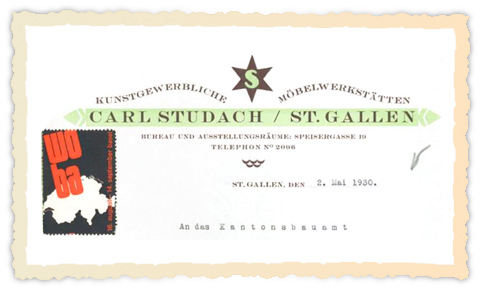 Möbelfabrik Carl Studach St Gallen - Werkstätten für Möbel und Innen-Ausbau Ausstellungsräume - Speisegasse 19 - St. Gallen, den 16. Mai 1933